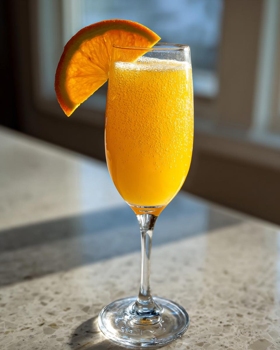 A tall flute glass filled with a bubbly Classic orange mimosa, garnished with a fresh orange slice.