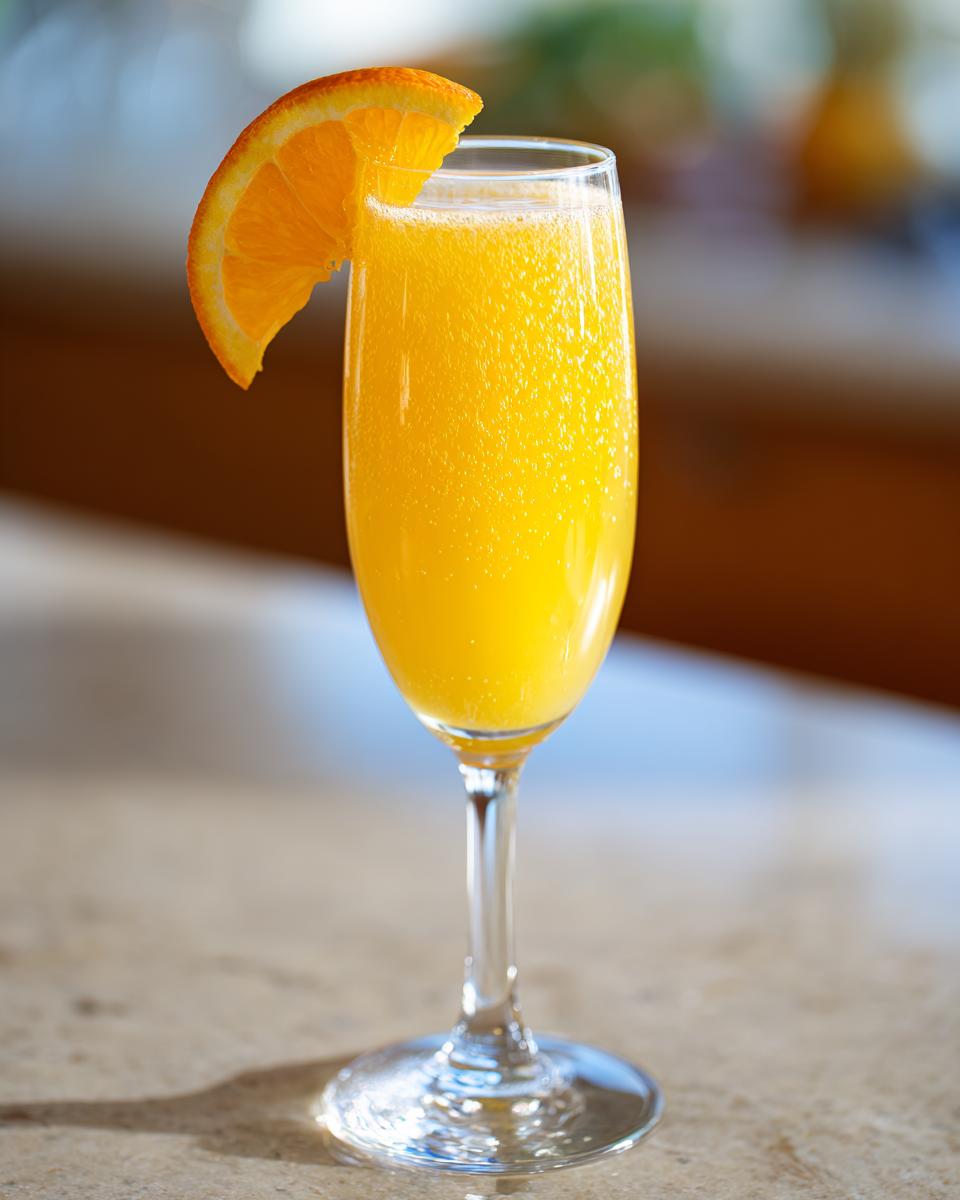 A refreshing Classic orange mimosa served in a champagne flute, garnished with an orange slice.