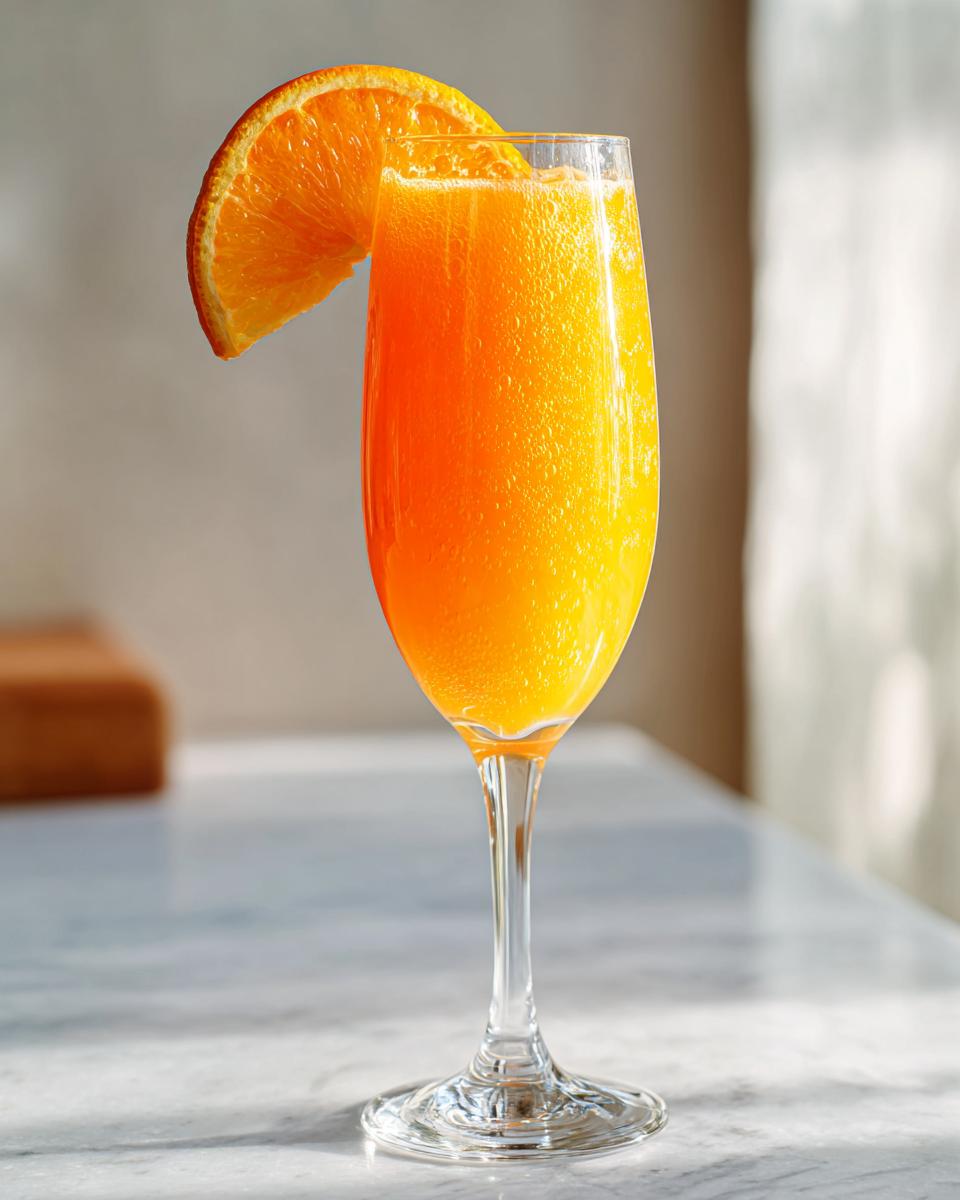 A vibrant, bubbly Classic orange mimosa garnished with an orange slice in a tall champagne flute.
