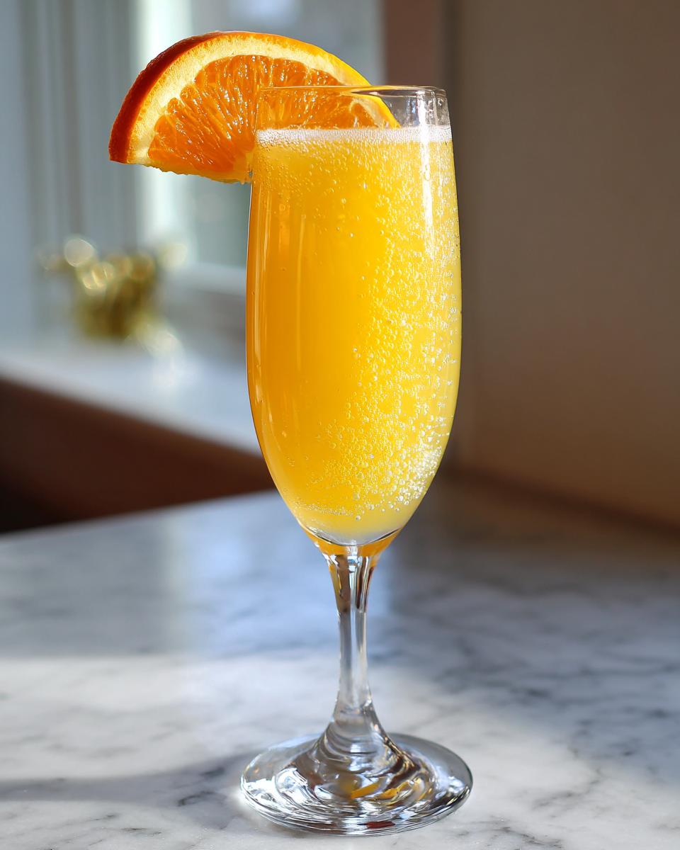 A tall flute glass filled with a bubbly, bright orange Classic orange mimosa, garnished with an orange slice.