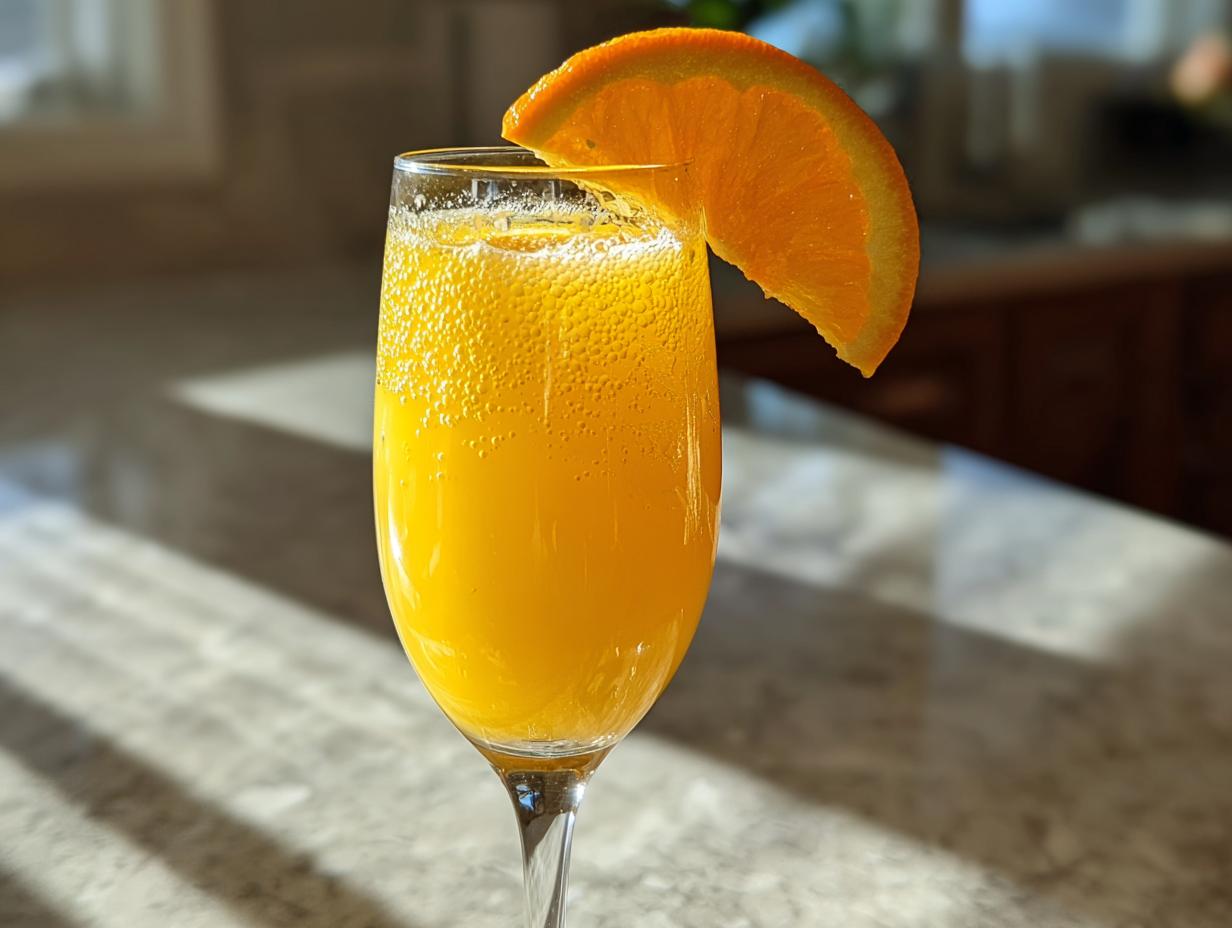 A bubbly, bright orange mimosa in a champagne flute, garnished with a fresh orange slice.