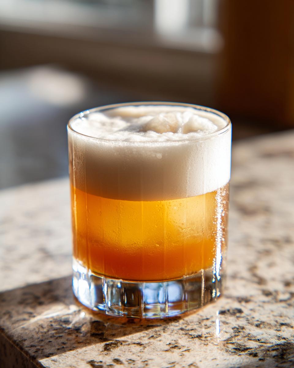 Close-up of a refreshing Classic whiskey sour cocktail with a thick layer of white foam, served in a rocks glass.