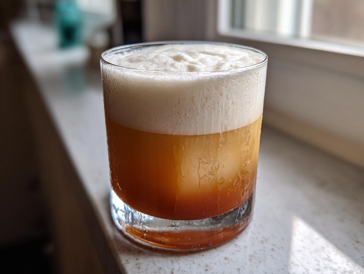 A close-up of a freshly made Classic whiskey sour cocktail with a thick, creamy layer of foam.
