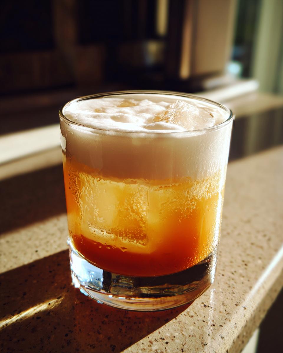 A refreshing Classic whiskey sour cocktail served on the rocks with a thick layer of white foam on top.