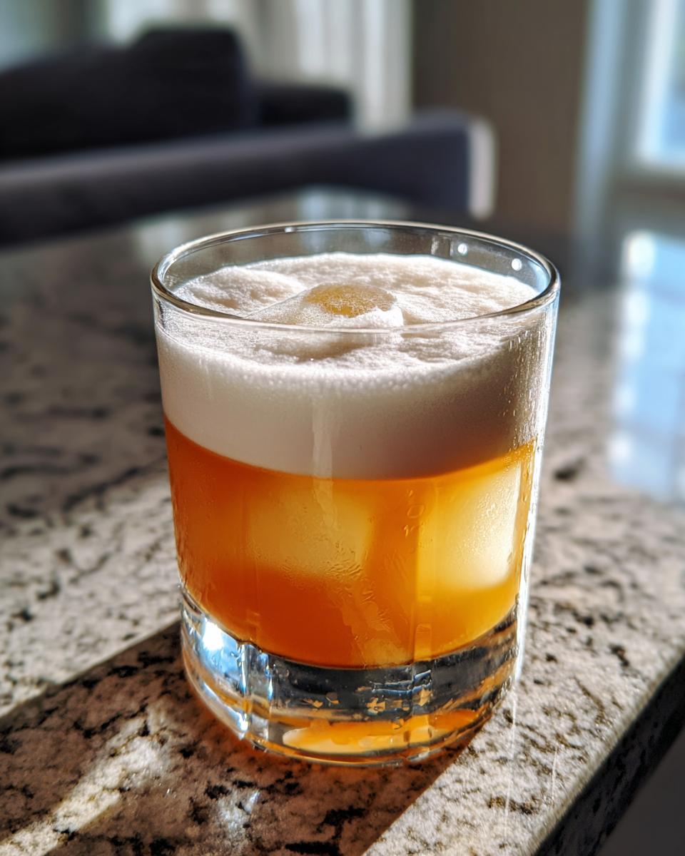A perfectly layered Classic Whiskey Sour cocktail with a thick layer of white foam and a single orange bitters drop on top.