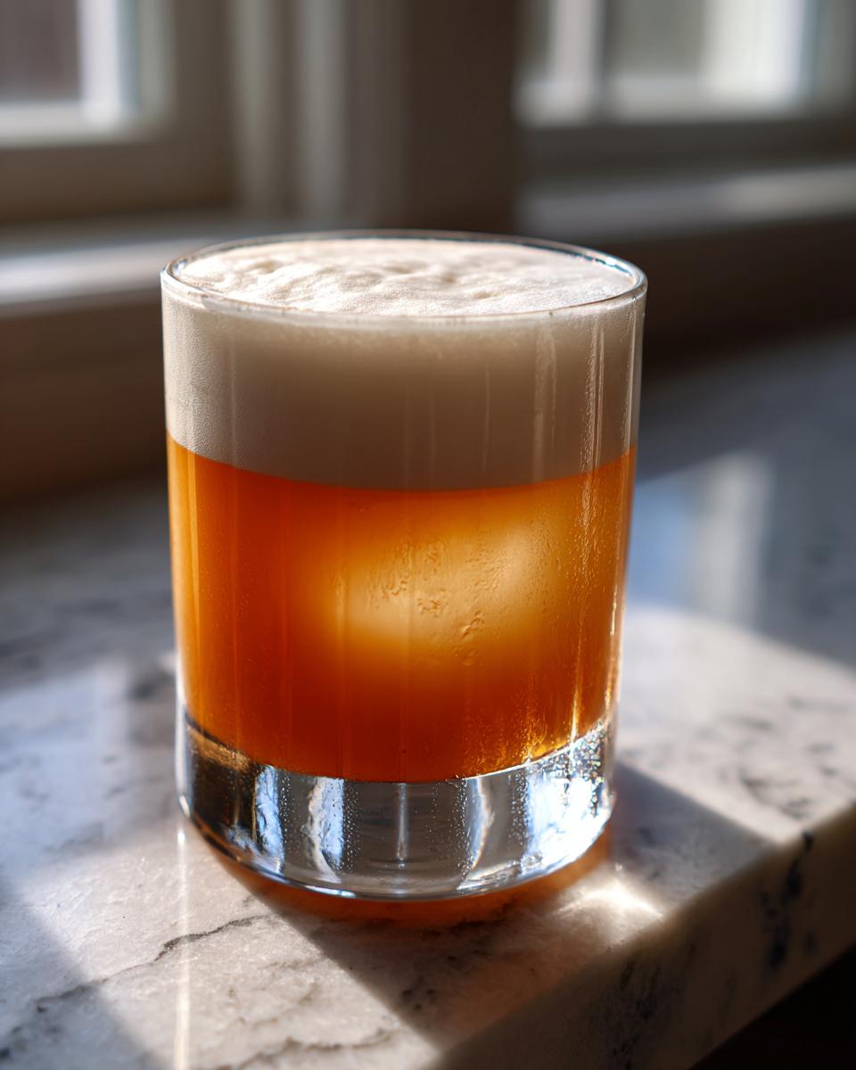 A chilled glass of Classic Whiskey Sour with a thick layer of white foam, sitting on a marble surface.