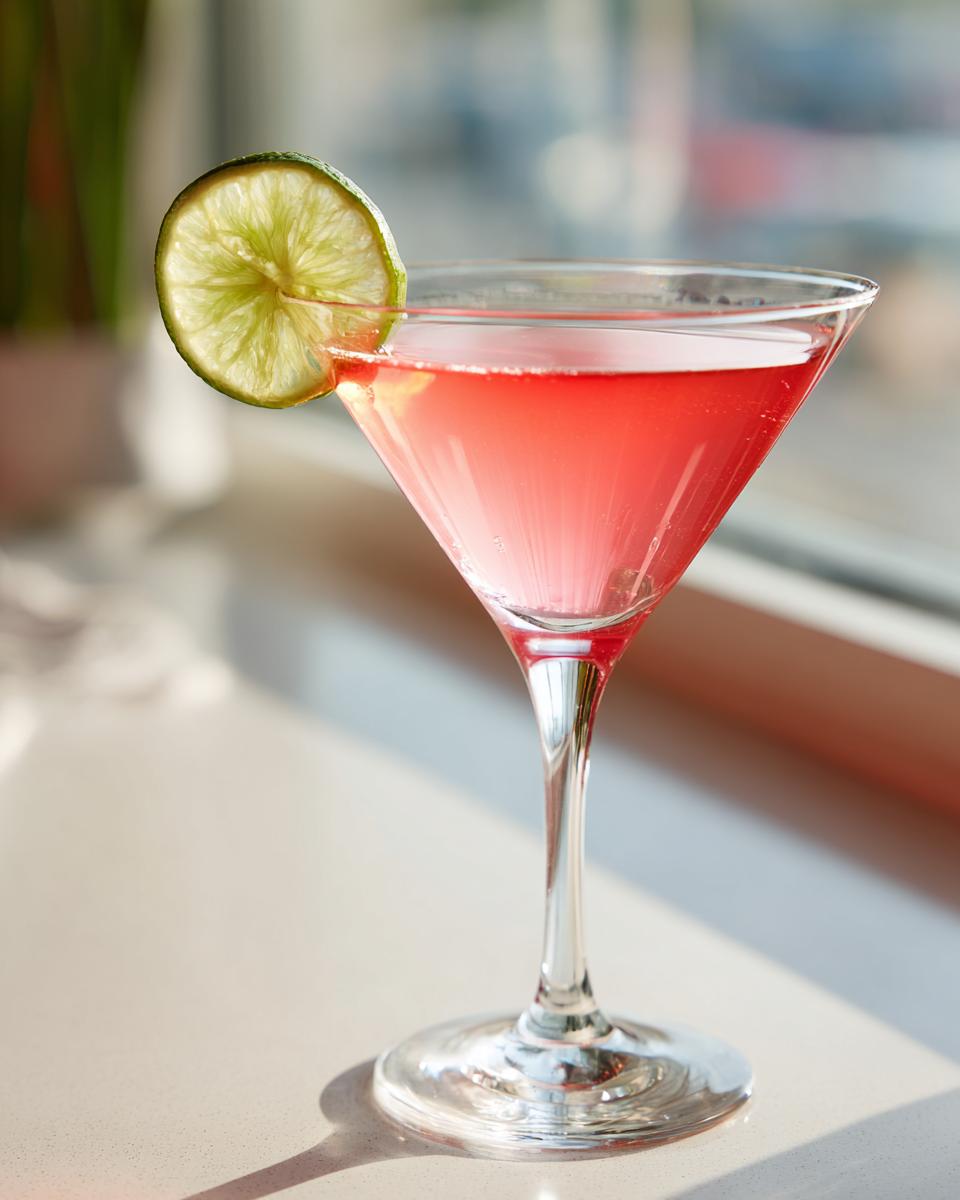 A vibrant pink Cosmopolitan cocktail served in a martini glass, garnished with a fresh lime wheel.
