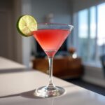 A vibrant pink Cosmopolitan cocktail served in a martini glass, garnished with a fresh lime wheel.