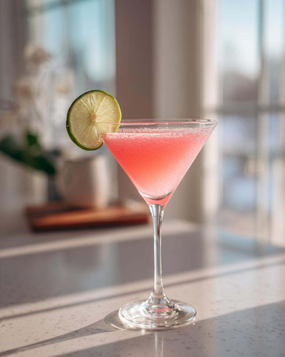 A vibrant pink Cosmopolitan cocktail served in a martini glass, garnished with a fresh lime wheel, sitting on a bright countertop.