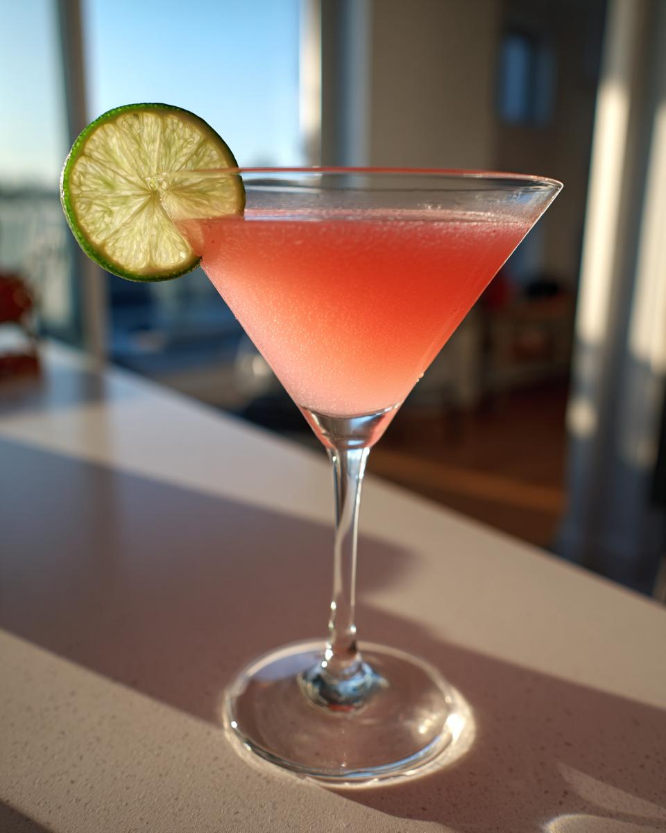 A vibrant pink Cosmopolitan cocktail served in a martini glass, garnished with a fresh lime wheel, sitting on a counter in the sunlight.