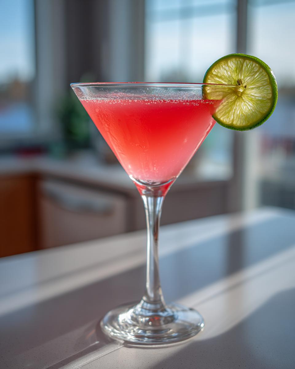 A vibrant pink Cosmopolitan cocktail served in a martini glass, garnished with a backlit lime wheel.