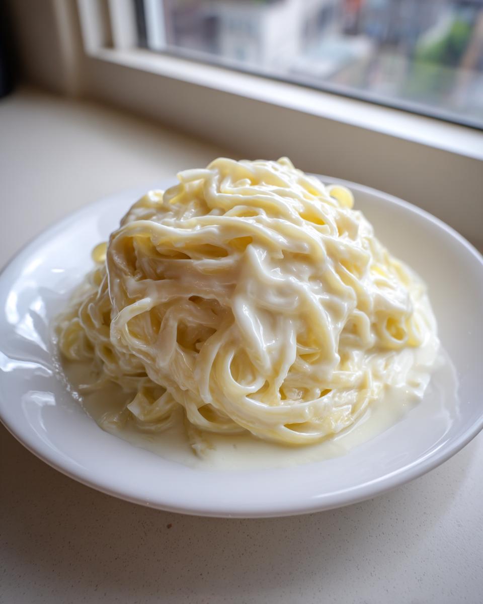 A generous serving of creamy fettuccine alfredo pasta piled high on a white plate near a window.