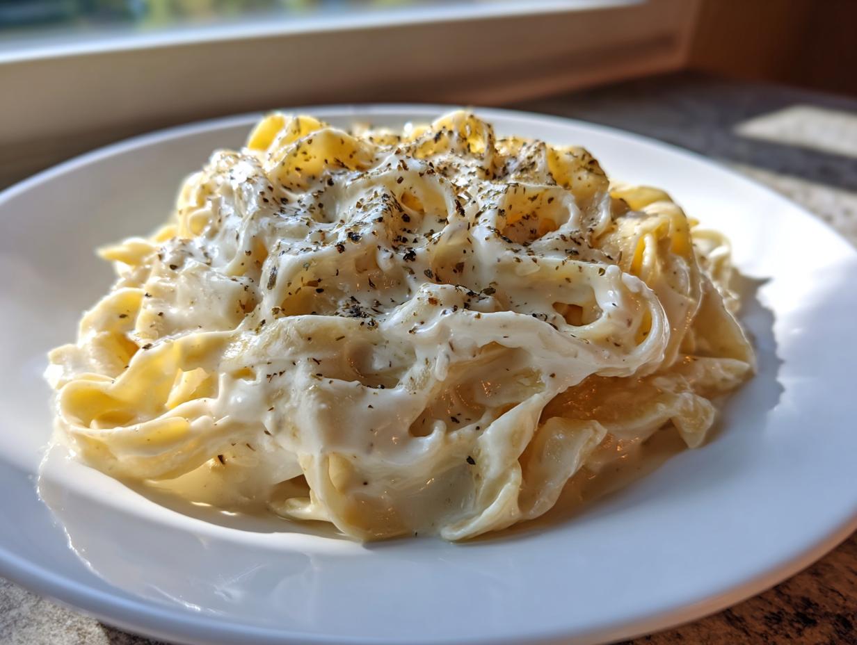 A close-up of rich, creamy fettuccine alfredo pasta generously coated in white sauce and sprinkled with herbs.