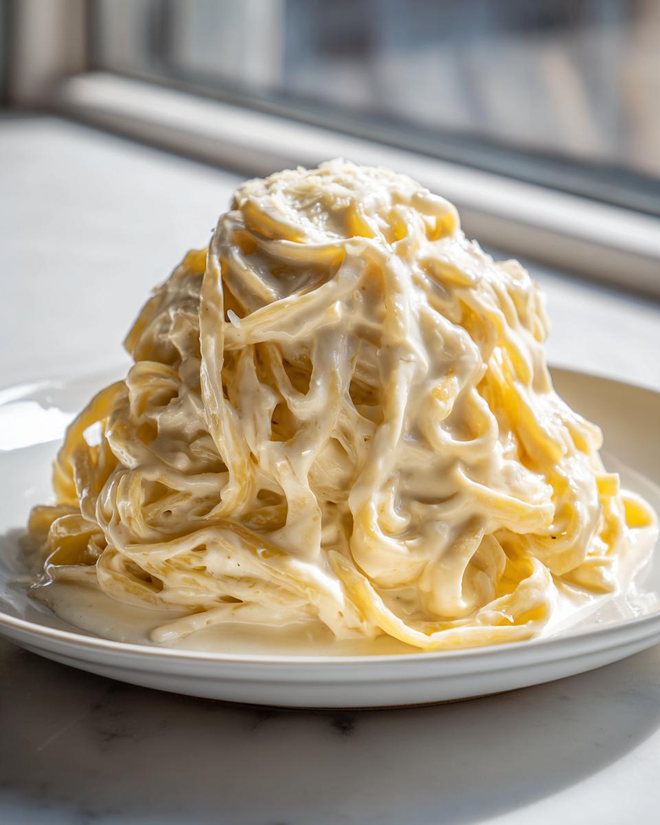 A tall mound of fettuccine noodles coated in rich, creamy sauce, ready to eat. This is the Creamy fettuccine alfredo.