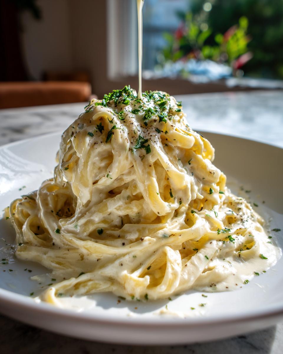 A tall mound of fettuccine pasta being topped with extra creamy sauce and fresh parsley for Creamy fettuccine alfredo.
