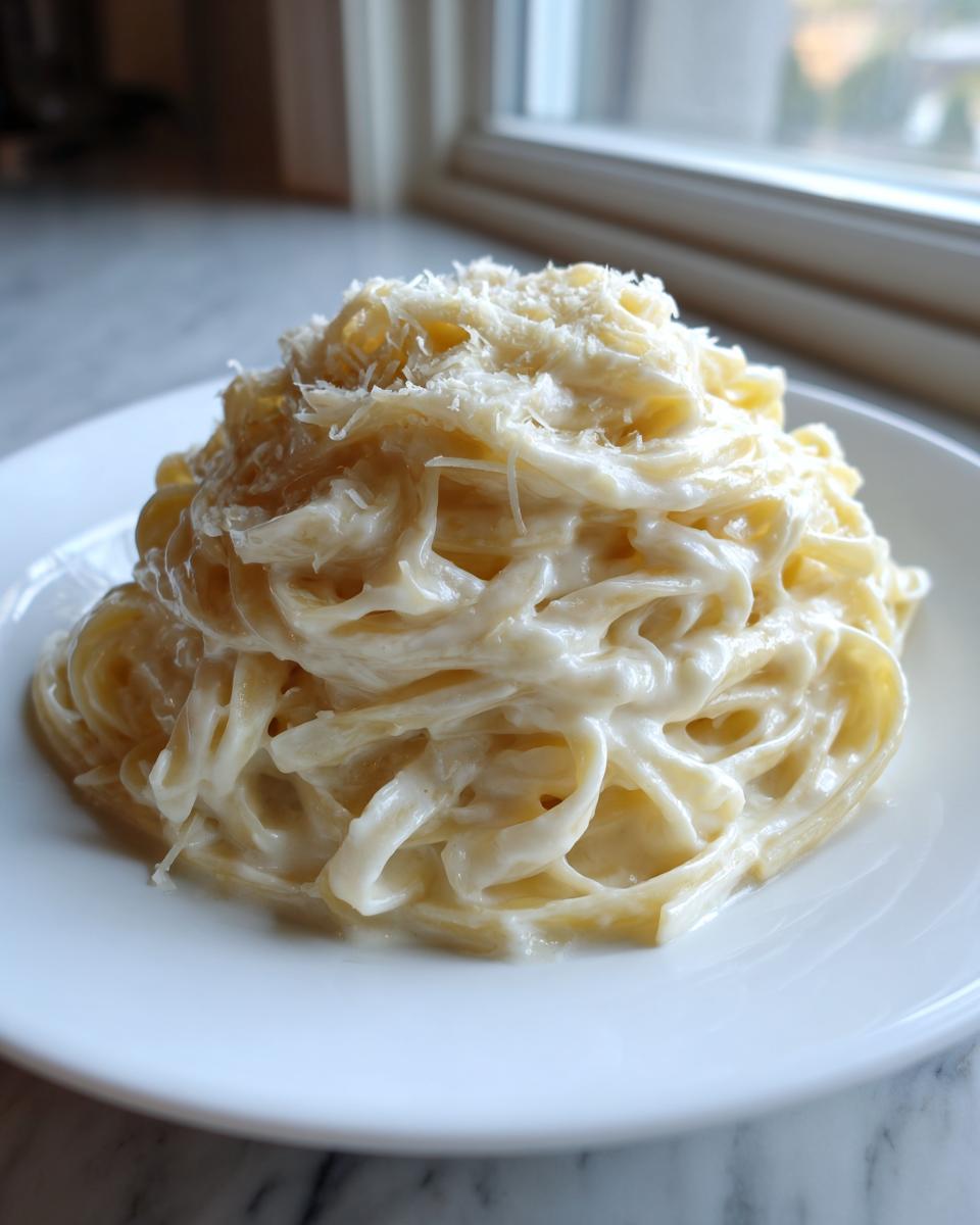 A generous serving of rich, creamy fettuccine alfredo pasta topped with grated Parmesan cheese.