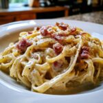Close-up of creamy Fettuccine carbonara pasta tossed in a rich sauce and topped with crispy bacon pieces and black pepper.