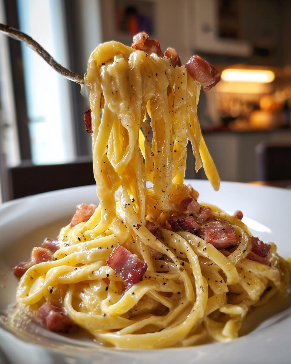 Close-up of creamy Fettuccine carbonara pasta being lifted high on a fork, showing chunks of bacon and black pepper.