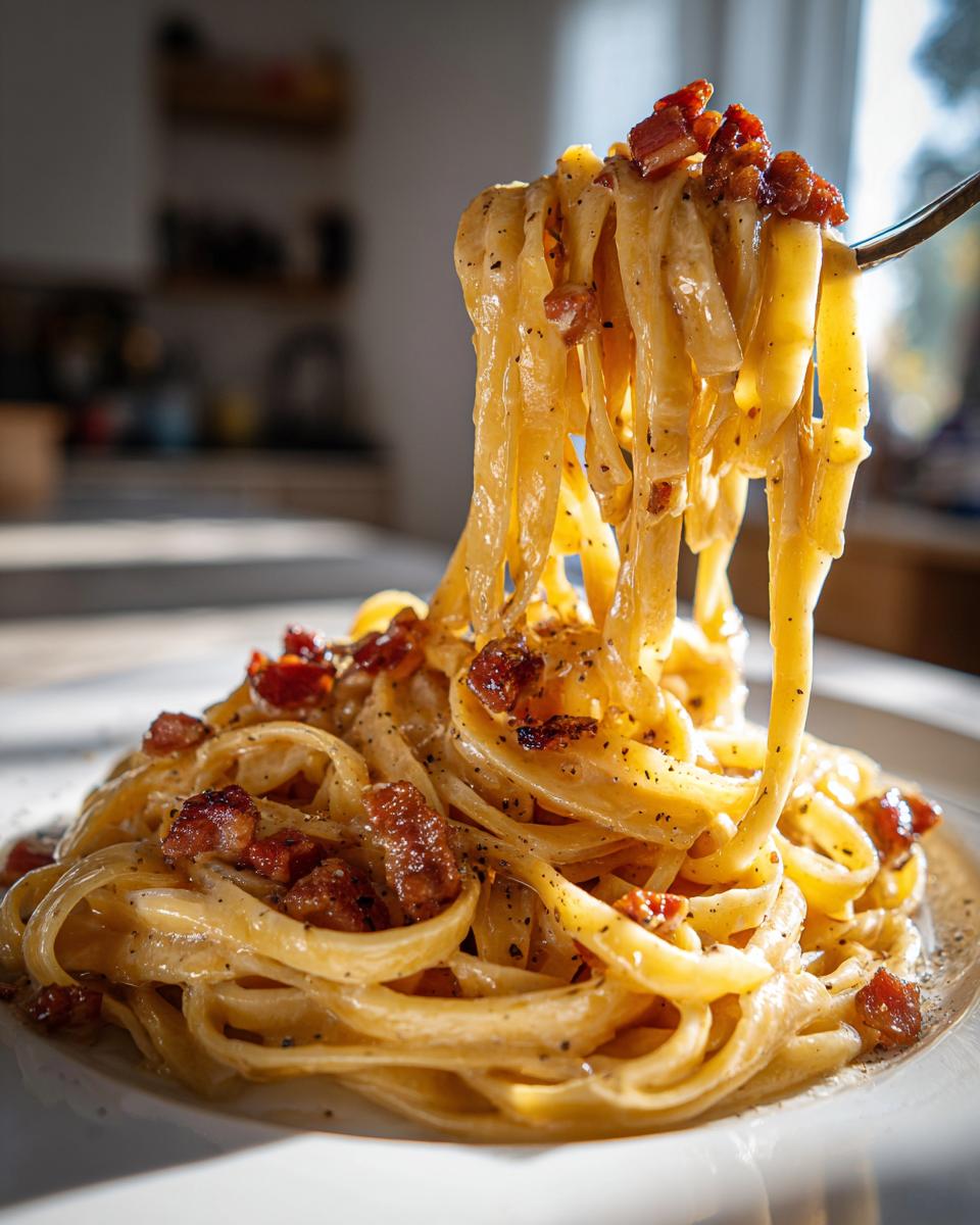 A fork lifting a generous portion of creamy Fettuccine carbonara pasta topped with crispy pancetta and black pepper.