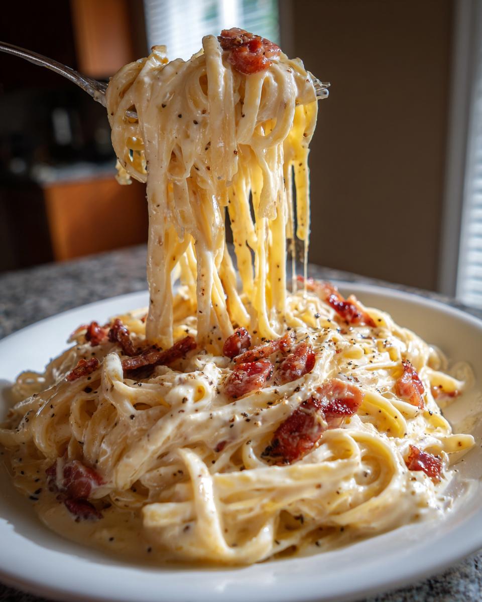 A fork lifting strands of creamy Fettuccine carbonara, topped with crispy bacon pieces and black pepper.