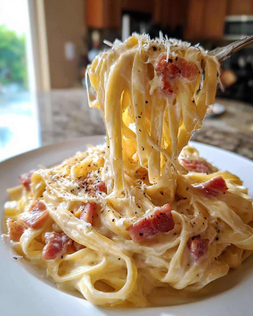 A fork lifting a generous portion of creamy Fettuccine carbonara pasta, topped with bacon and grated cheese.