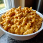 Close-up of creamy, bright orange Stovetop mac and cheese topped with cracked black pepper in a white bowl.