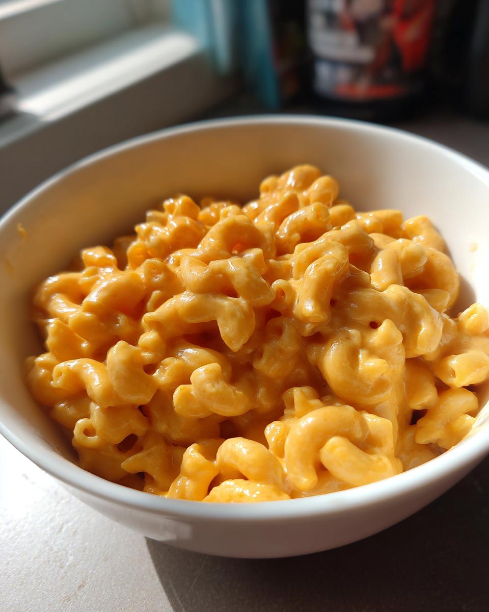 Close-up of creamy, bright orange Stovetop mac and cheese served in a white bowl, highlighted by natural sunlight.