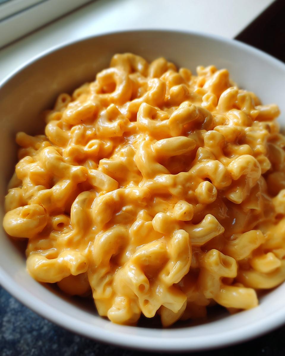 Close-up of a white bowl filled with creamy, bright orange Stovetop mac and cheese.