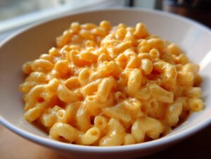 Close-up of creamy, cheesy Stovetop mac and cheese served in a white bowl.