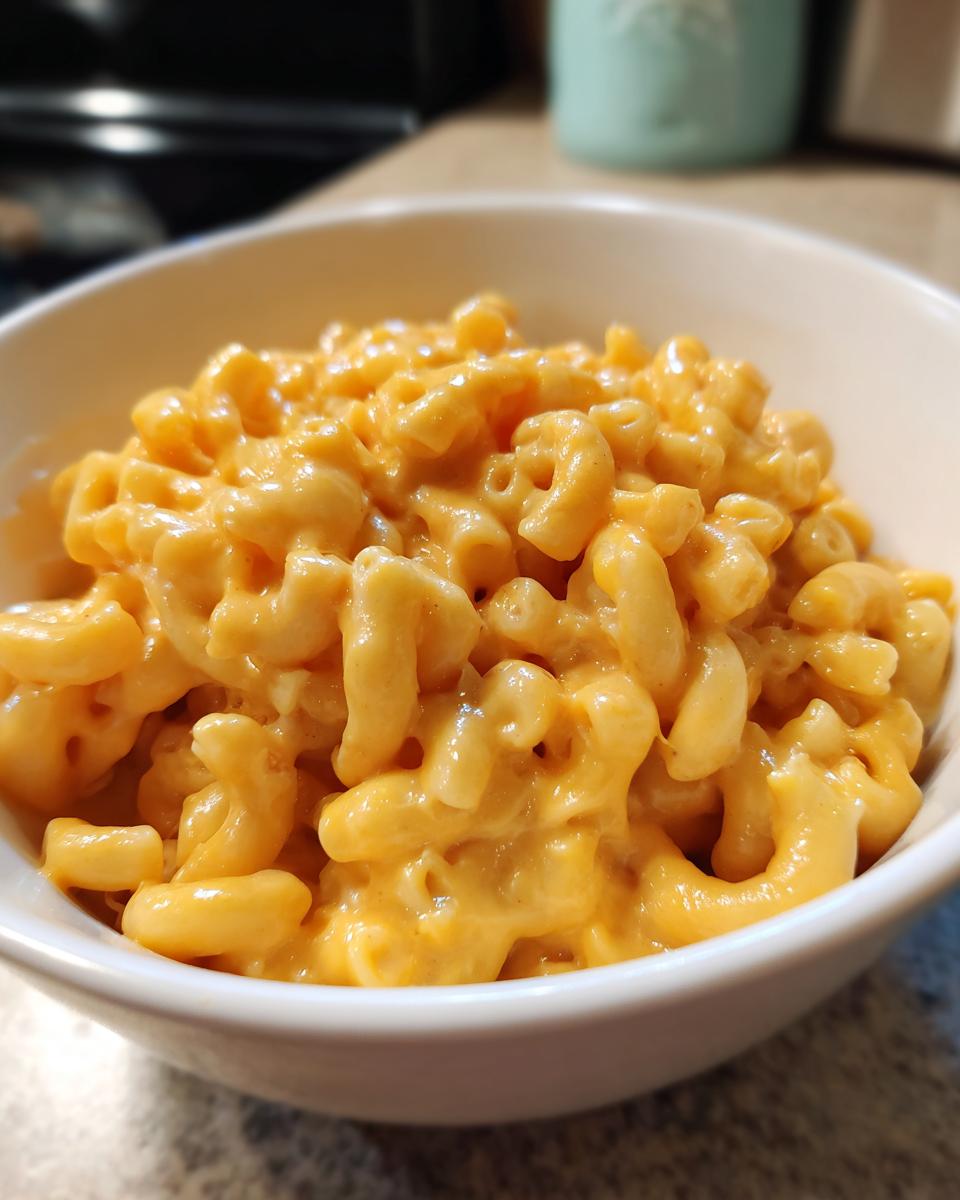 Close-up of creamy, bright orange Stovetop mac and cheese served in a white bowl.