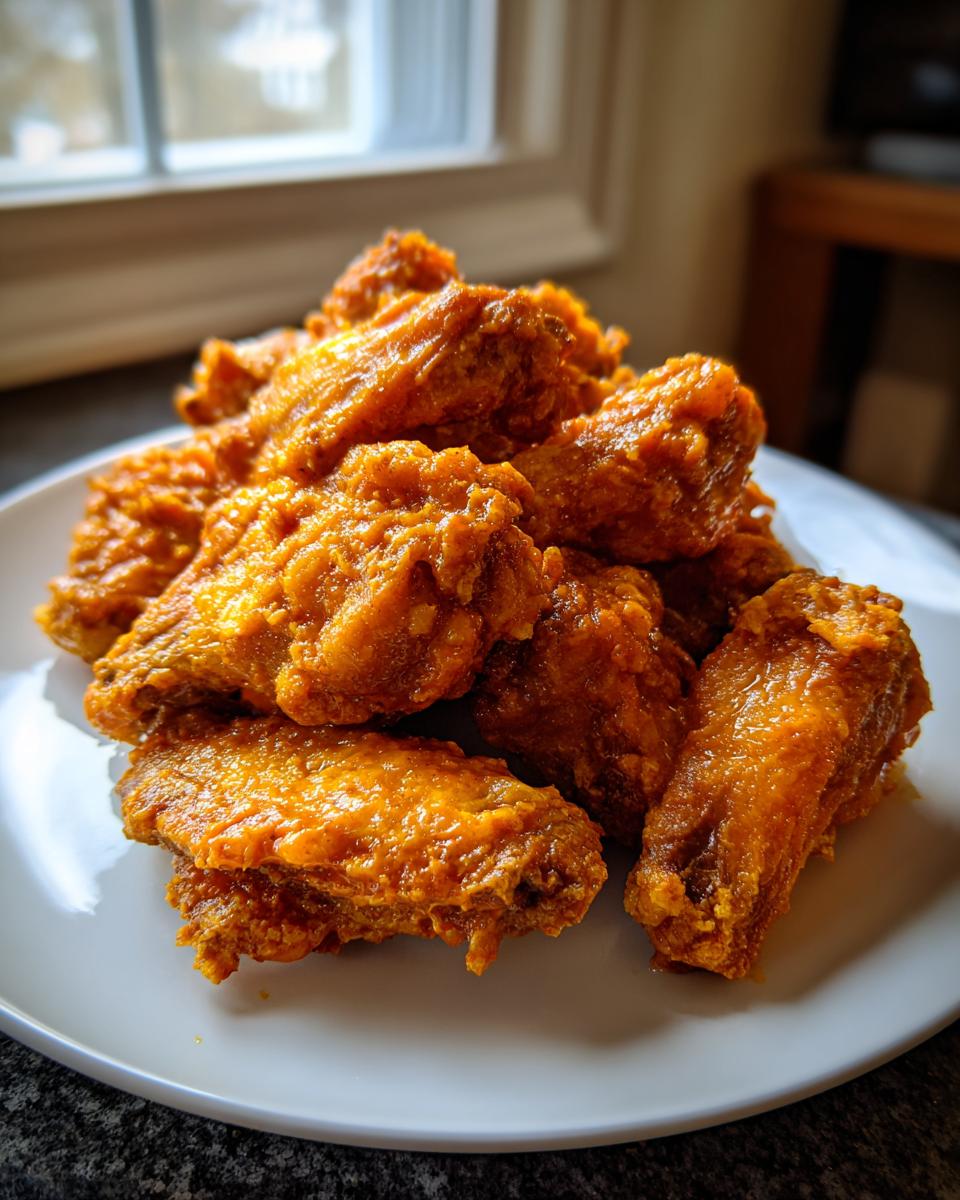 A close-up of a pile of crispy, saucy Air fryer chicken wings served on a white plate.