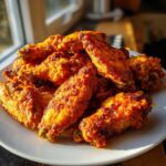 A close-up of a pile of perfectly crispy, golden-orange Air fryer chicken wings served on a white plate.