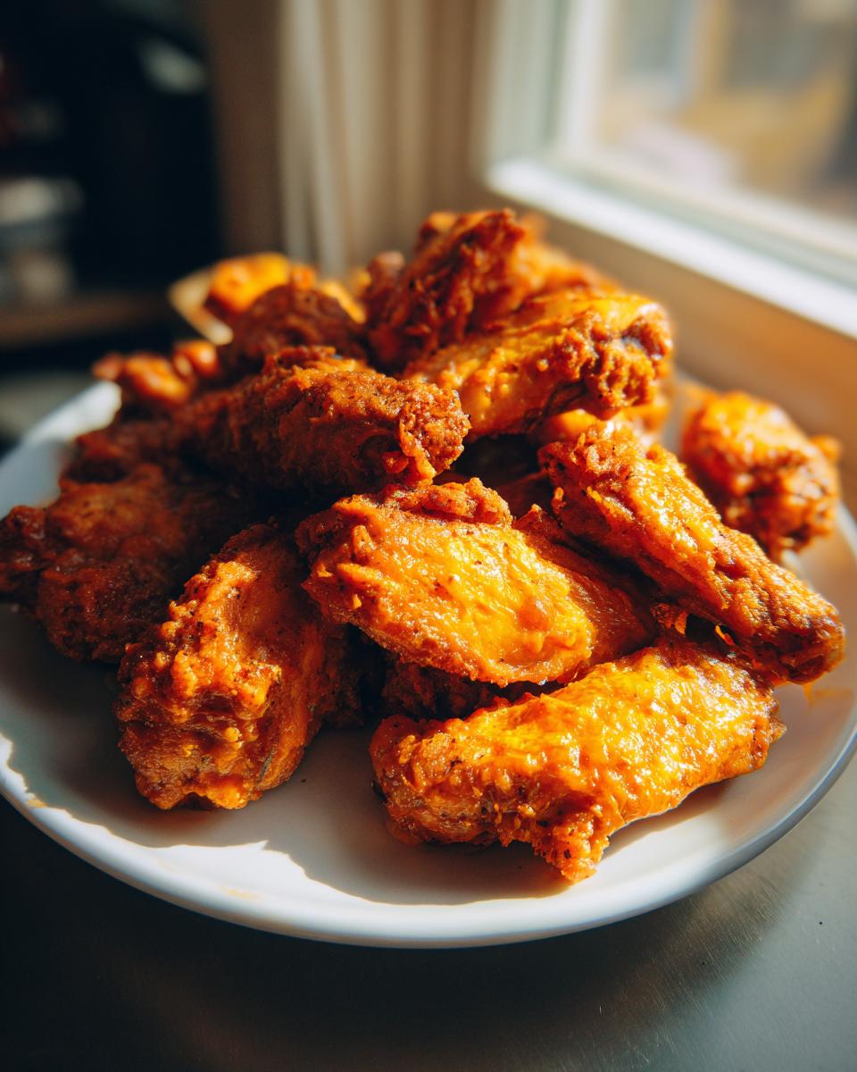 A close-up of a large pile of crispy, orange-glazed air fryer chicken wings served on a white plate.