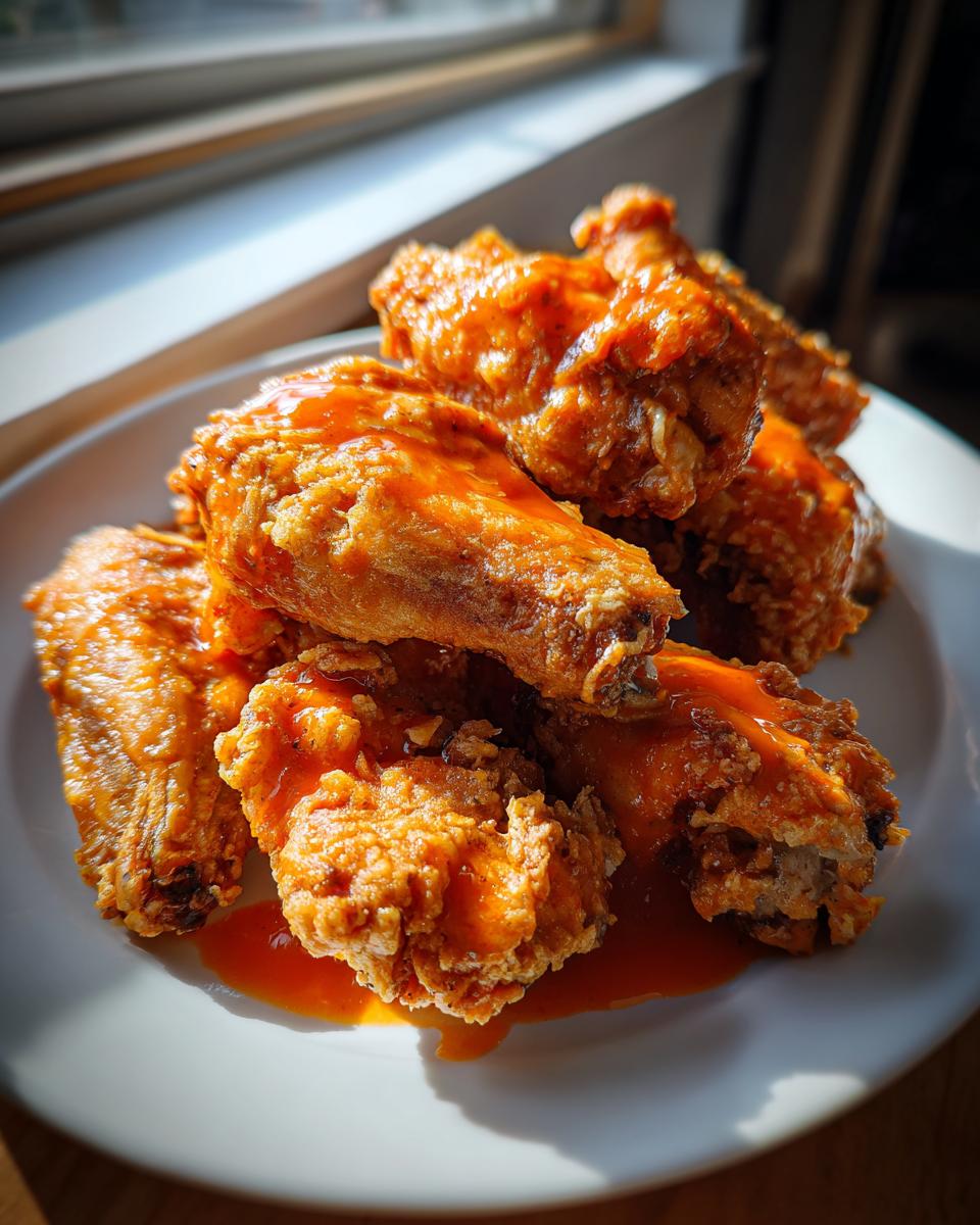 A pile of crispy, golden-brown air fryer chicken wings coated in bright orange sauce sitting on a white plate.