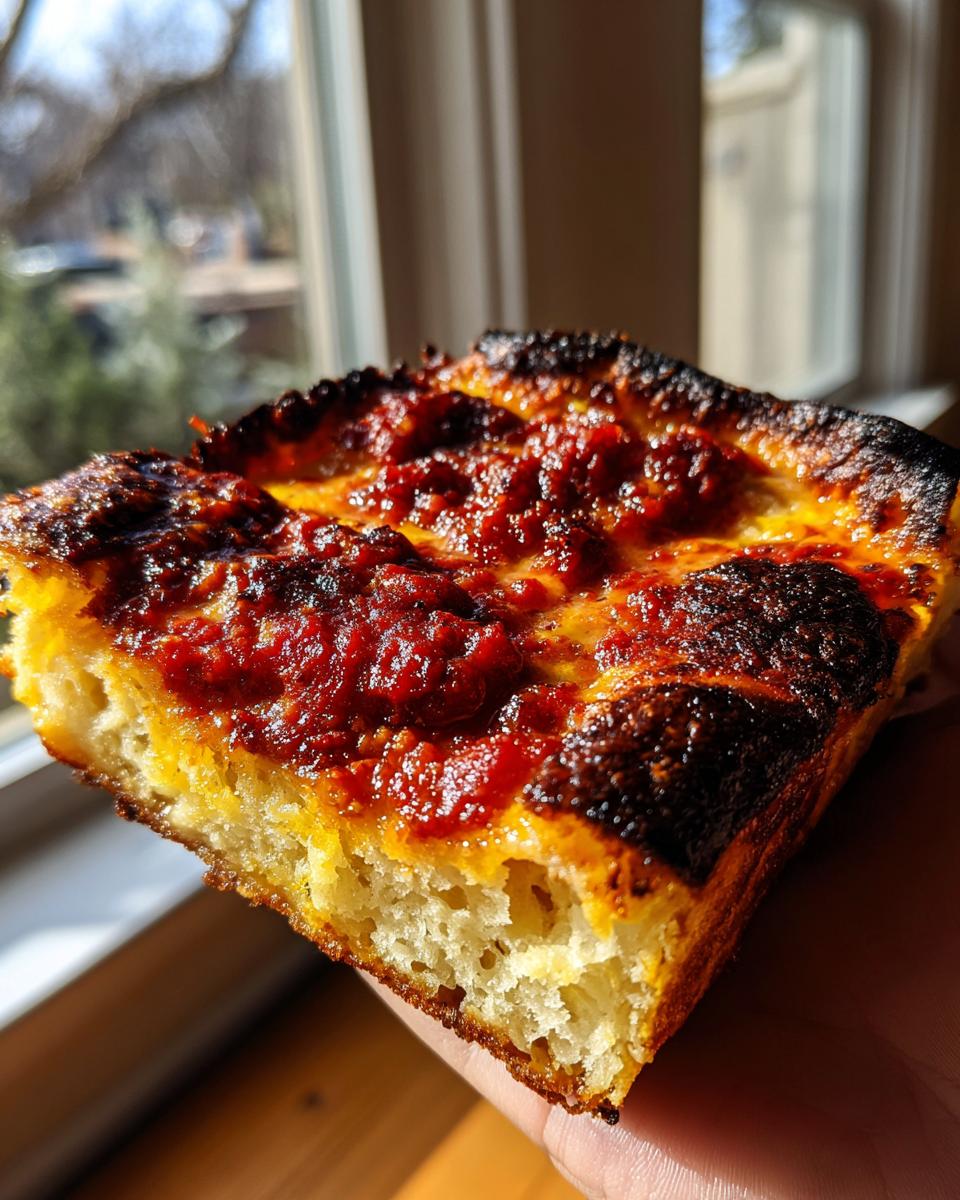 A close-up view of a thick slice of Detroit style pizza held up to the light, showing a fluffy interior and dark, crispy, caramelized cheese edges.