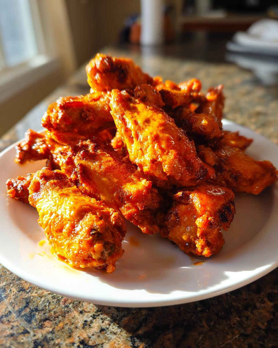 A pile of perfectly cooked, saucy Air fryer chicken wings glistening under sunlight on a white plate.