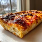 A close-up, side view of a thick slice of Detroit style pizza showing the airy crust and caramelized, crispy cheese edge.
