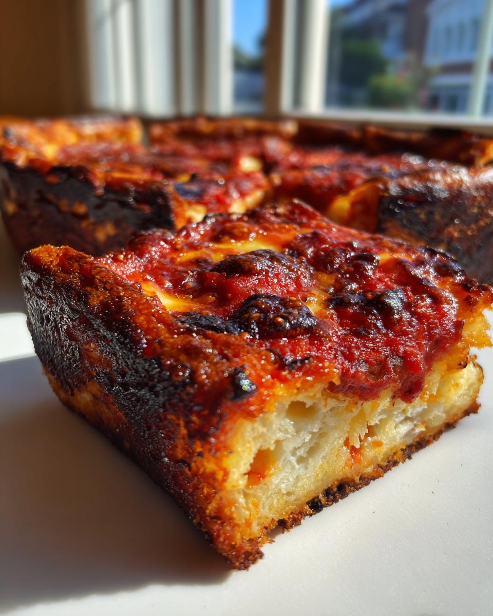 Close-up of a thick slice of Detroit style pizza showing the airy crust and caramelized, crispy edges.