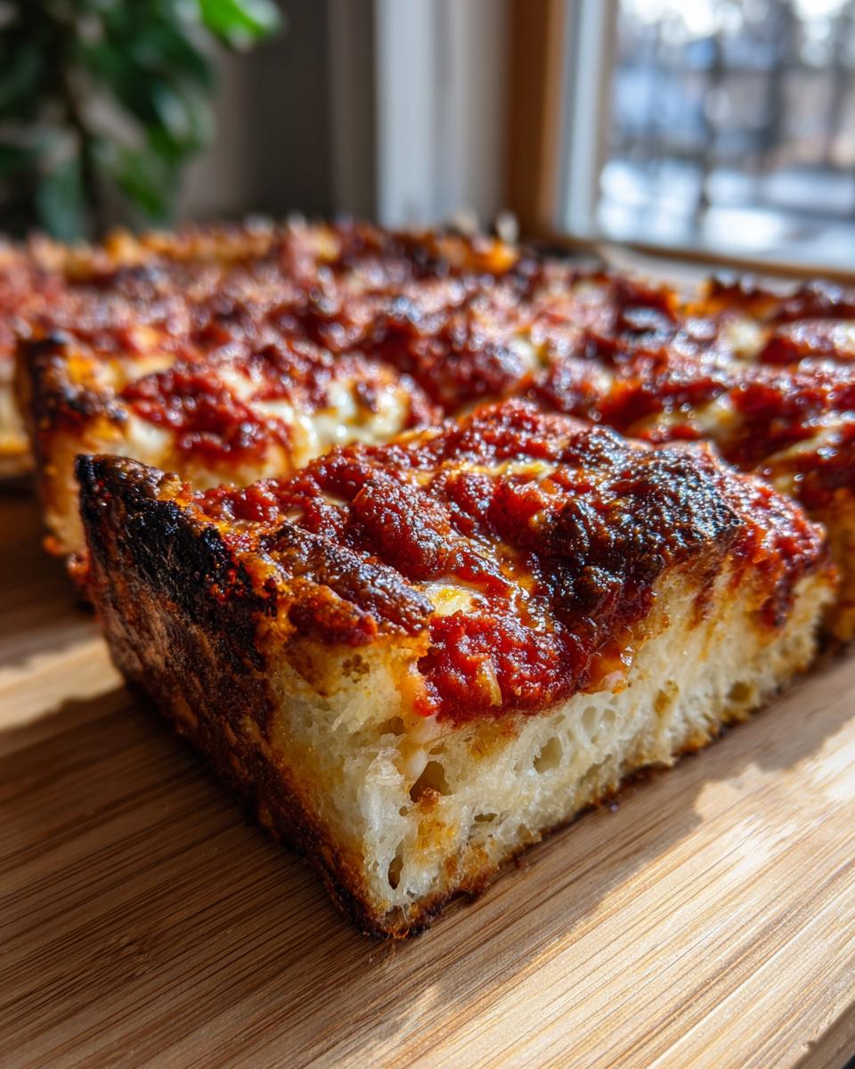 Close-up of a thick slice of Detroit style pizza showing the airy crust and caramelized, crispy edge.