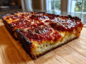 Close-up of a thick, square slice of Detroit style pizza showing the airy crust and caramelized cheese edges.