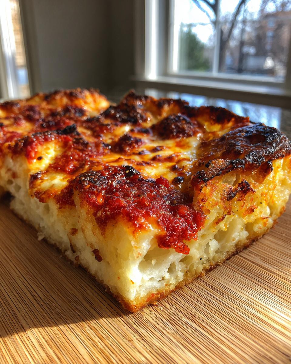 A thick, square slice of Detroit style pizza showing the airy crumb and caramelized cheese crust.