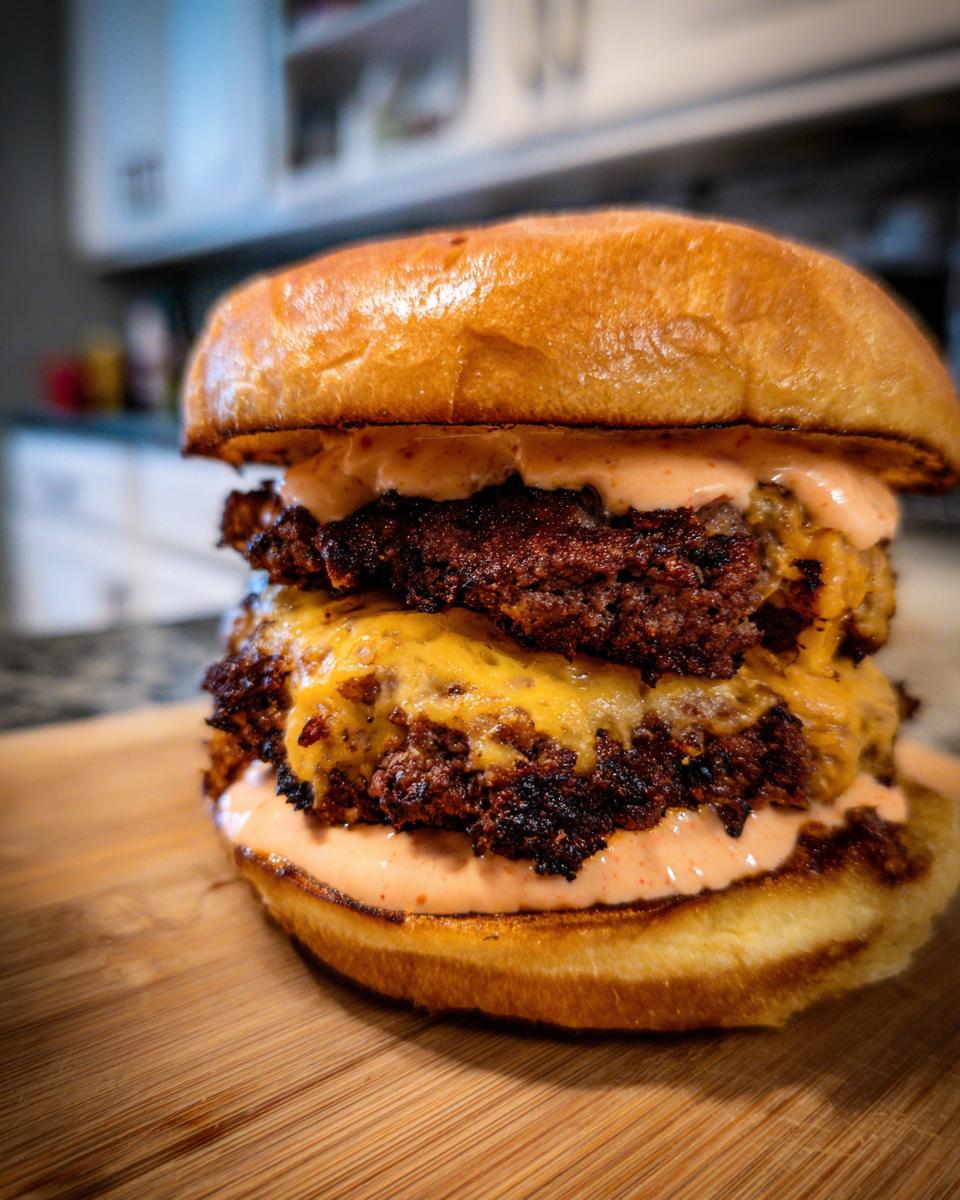 Close-up of a juicy double patty smash burger with melted cheese and pink sauce on a toasted bun.