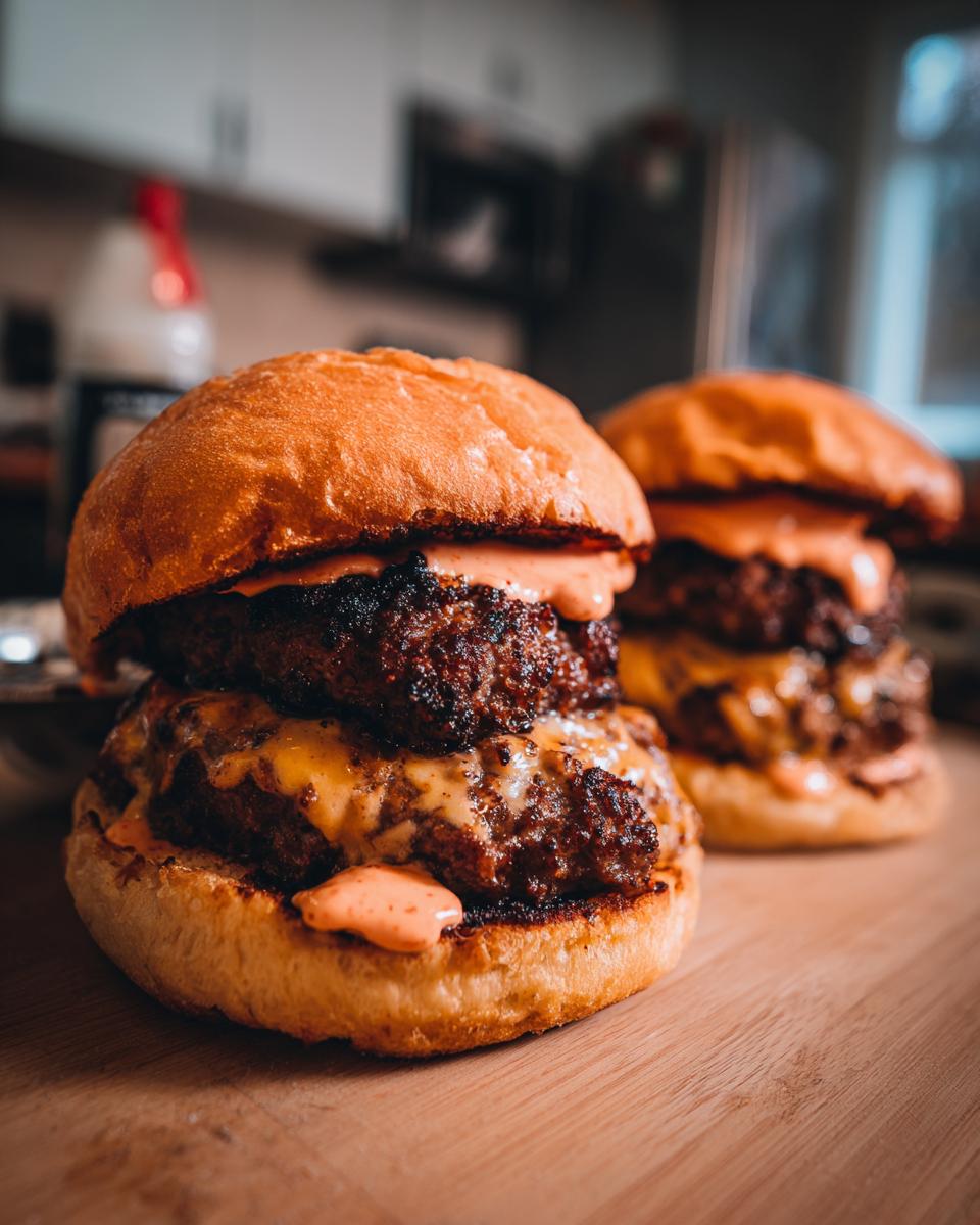 Close-up of a juicy double patty Smash burger with melted cheese and orange secret sauce on a toasted bun.