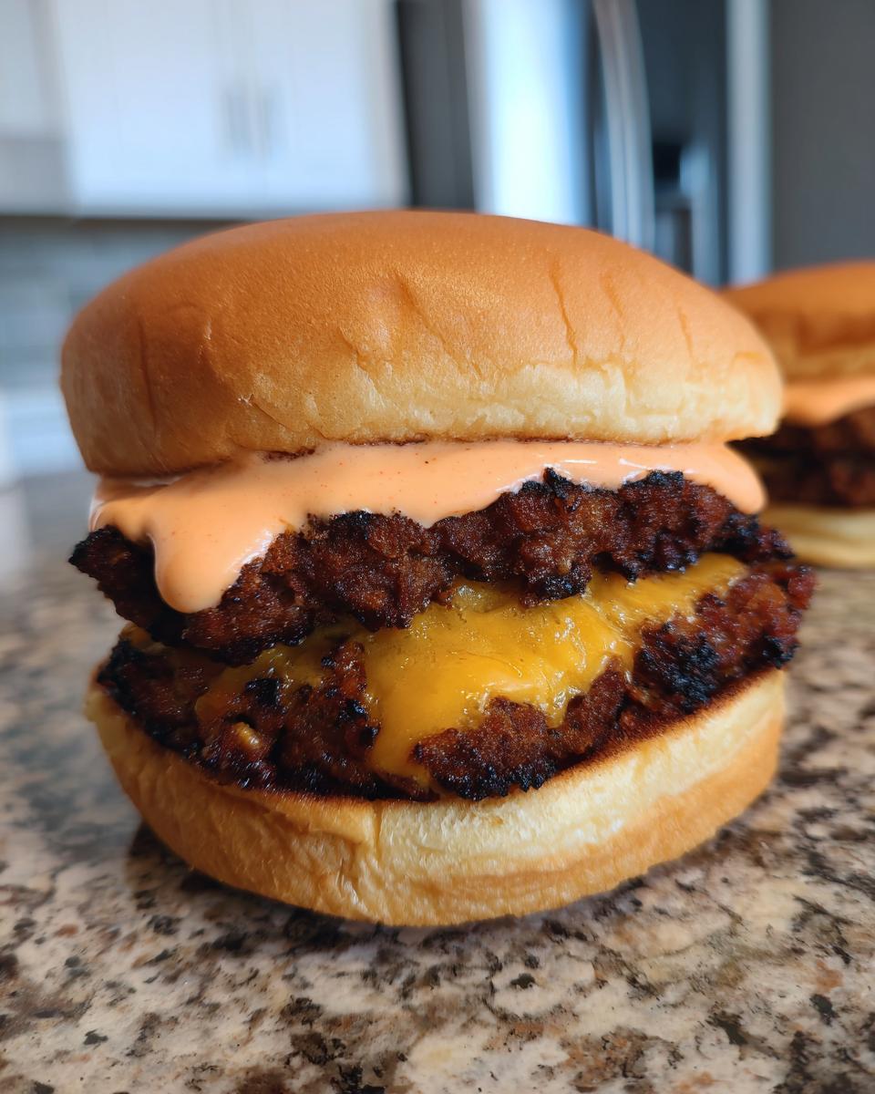 Close-up of a delicious double patty smash burger with melted cheese and orange sauce on a brioche bun.
