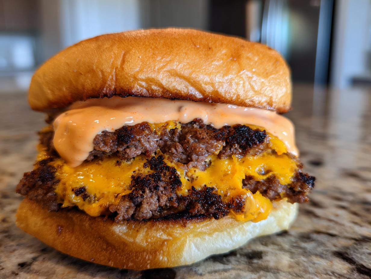 Close-up of a juicy double patty smash burger featuring crispy edges, melted cheddar cheese, and a generous drizzle of orange sauce.