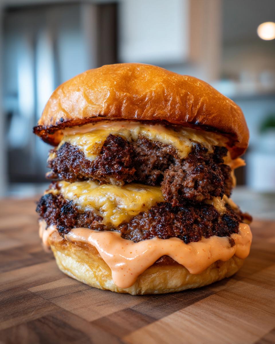 Close-up of a juicy double smash burger featuring two seared patties, melted cheese, and special sauce on a toasted bun.