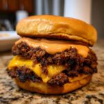 Close-up of a delicious double smash burger featuring crispy edges, melted cheese, and a generous drizzle of orange sauce.