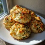 A stack of freshly baked, golden Cheddar Bay Biscuits topped with melted butter and chopped parsley, sitting on a white plate.