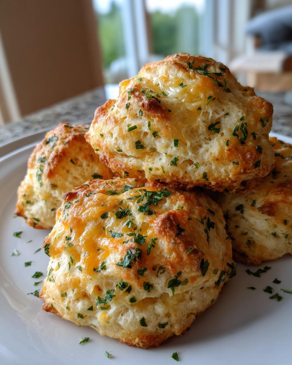A stack of four golden, fluffy Cheddar bay biscuits topped with melted cheese and fresh parsley.