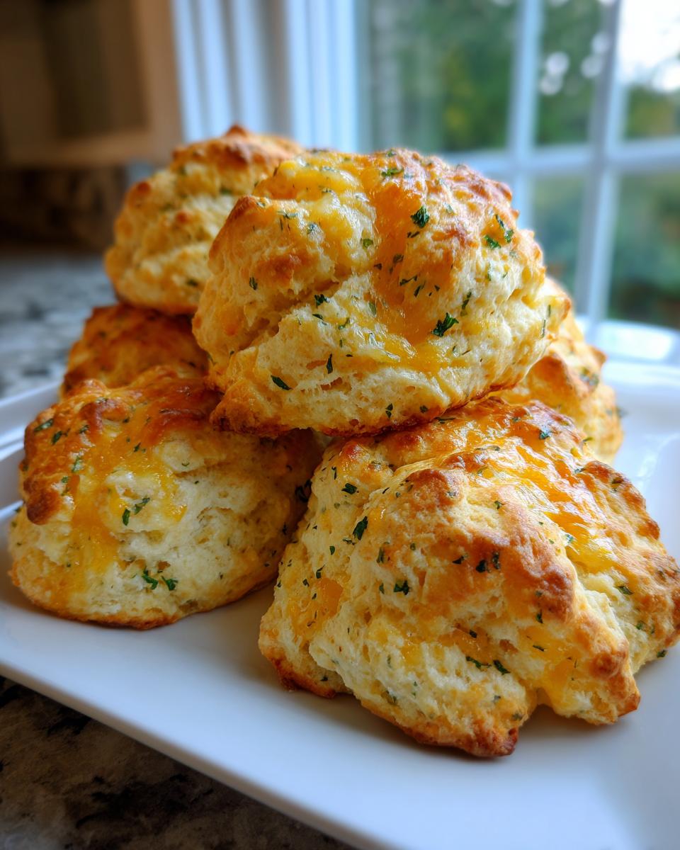 A close-up stack of warm, golden Cheddar Bay biscuits topped with melted cheese and parsley.